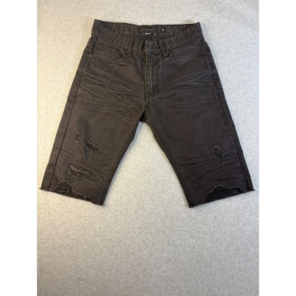 Decibel Mens Distressed Denim Shorts Black Ripped Frayed Hem Size 30